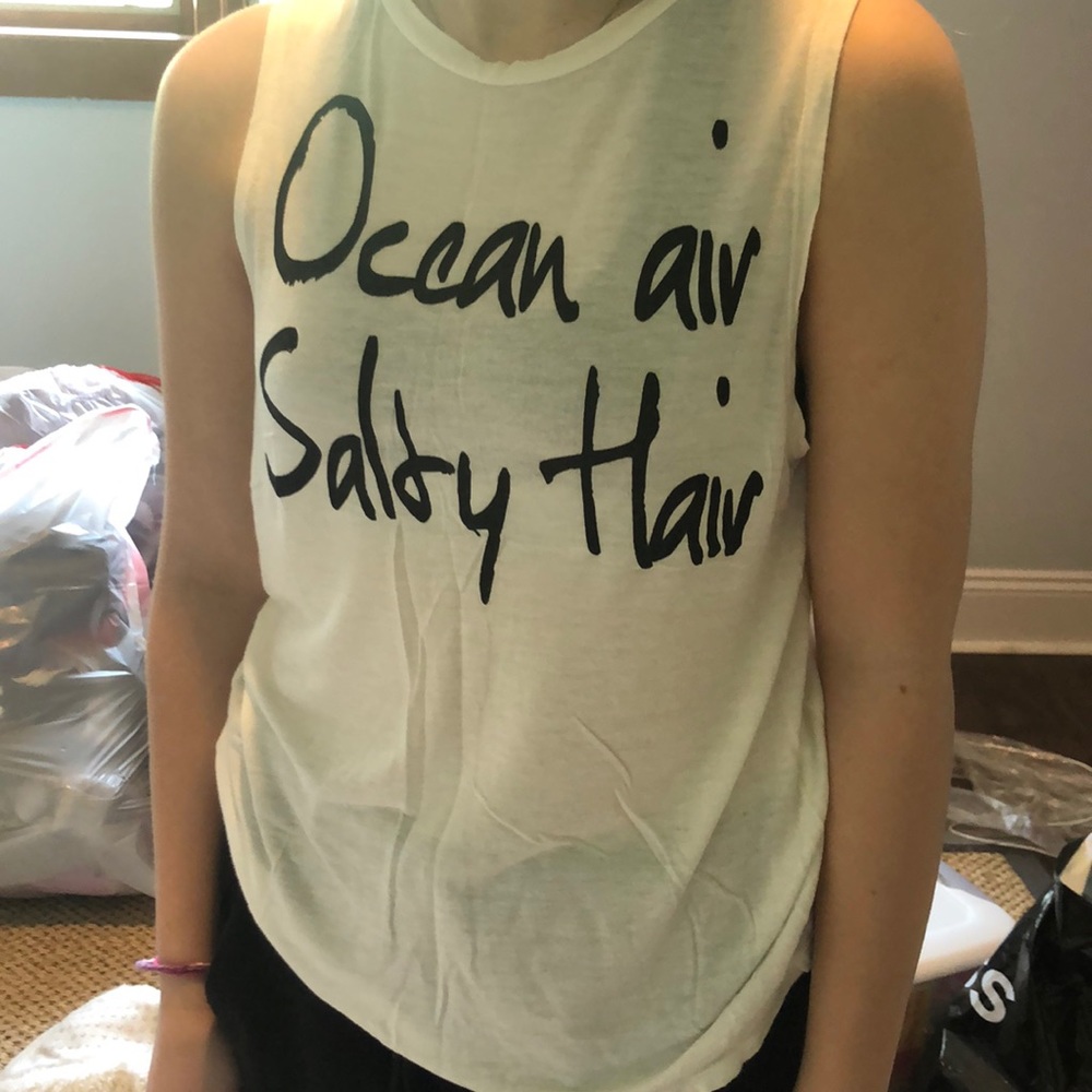 “ocean air salty hair” white tank top